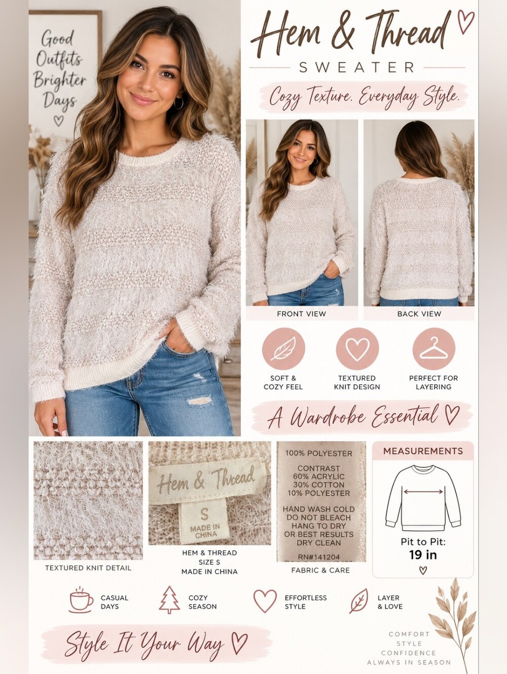 Hem & Thread Cream Textured Crew Neck Sweater